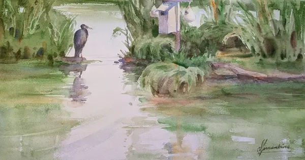 UW Wetlands — Plein air painting of a blue heron, Seattle